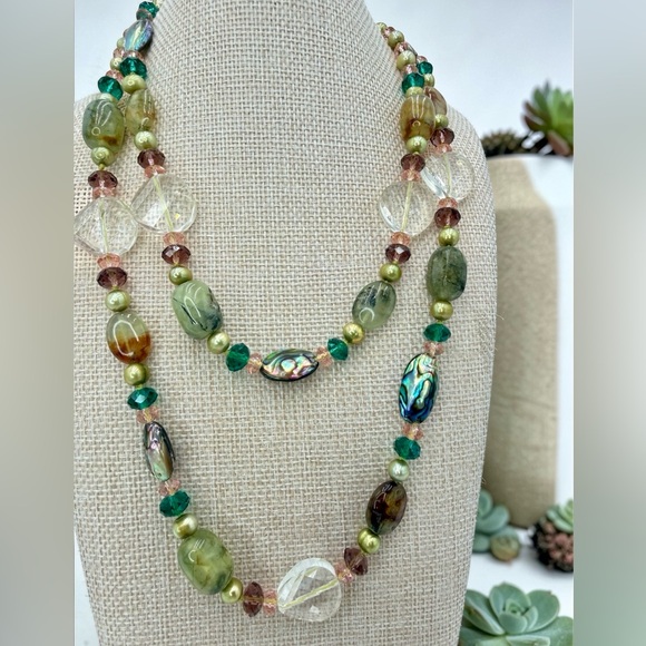 Jewelry - One Of A Kind Artisan Abalone Moss Agate Quartz Pearl 40” Necklace 925 Gemstone